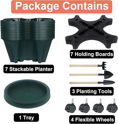 GameXcel Vertical Planter 7 Tier Stackable Planters Garden Planters Strawberry Herb Flower and Vegetable Planter Indoor Outdoor Gardening Pots with Removable Wheels and Tools