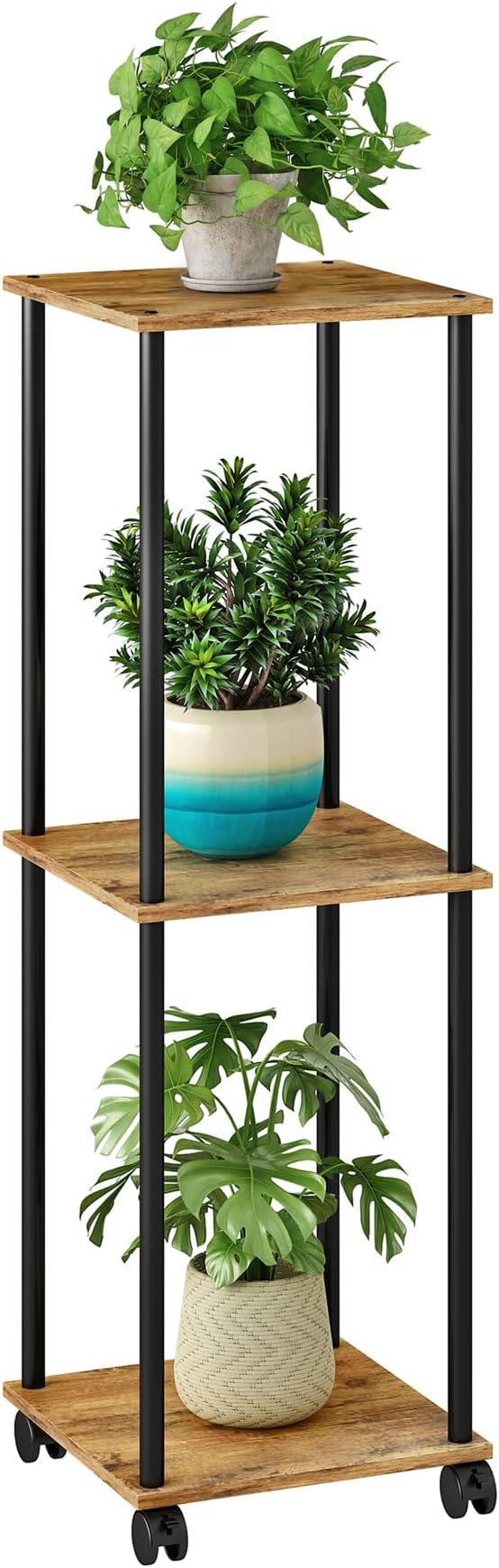 3 Tier Tall Plant Stand Indoor with Wheels, Movable Plant Shelf Metal Wood Multiple, Flower Pot Holder for Living Room Office Balcony Patio, Rustic Brown