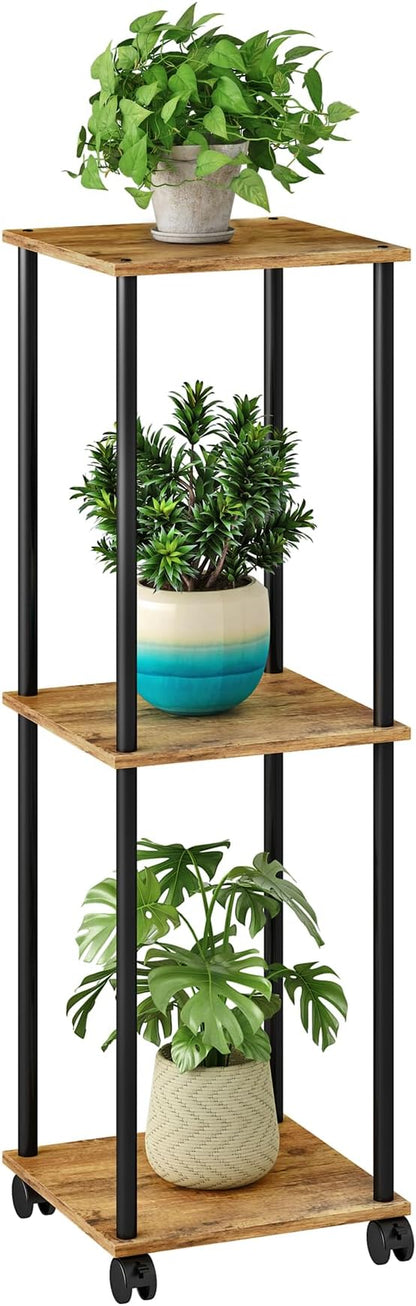 3 Tier Tall Plant Stand Indoor with Wheels, Movable Plant Shelf Metal Wood Multiple, Flower Pot Holder for Living Room Office Balcony Patio, Rustic Brown