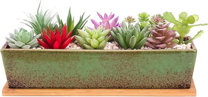 ARTKETTY Succulent Pots - Large Succulent Planter Pots with Drainage, 12 Inch Long Rectangle Bonsai Pot with Bamboo Tray Shallow Ceramic Cactus Flower Planter Window Box for Home Garden Decor (Green)