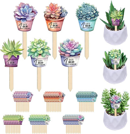 42 Pcs Let Love Grow Succulent Shape Wooden Stakes Wedding Favors Tags Planter Stakes Label Garden Marker Plant Sign for Wedding Gift Bridal Baby Shower Succulent Pot Decorations