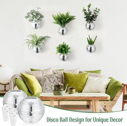 Maxcheck 6 Pcs Disco Ball Planter 4.7 Inch Mirror Disco Ball Wall Hanging Planter Glass Vase Boho Flower Pots Plant Terrariums for Indoor Outdoor Home Decorations (Silver)