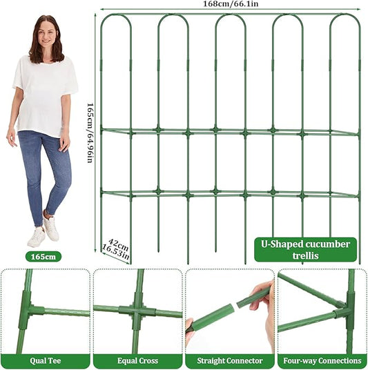 Cucumber Trellis for Raised Bed 5.4x5.5ft U-Shape Adjust Metal Garden Trellis for Climbing Plants Outdoor with Climbing Net Vegetable Arch Trellises Support Plant for Tomato Pea Fruit Squash Trellises