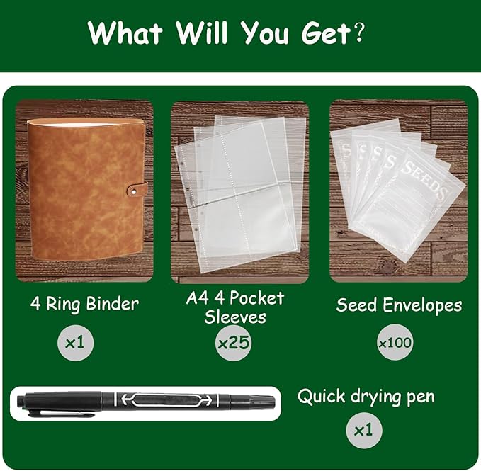 Garden Seed Storage Organizer Binder: 100 Resealable Envelopes + 25 Sheet 100 Pockets Protectors | Durable Organizer for Seed Packets, Saving & Planting - Brown