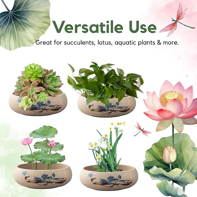 Ceramic Lotus Bowl Planter, Lotus Pots for Water Plants Indoor, Large Caliber Flow Glaze Non-Porous Hydroponic Container, Succulent Pots, Blue Lotus Leaf(6.5in*2.17in)