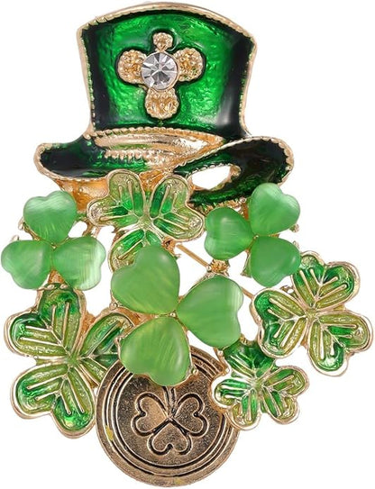 St.Patrick's Day Brooches for Women Dainty Crystal Four Leaf Lapel Pin Shamrock Hat Brooch Pins Irish Enamel Brooches Irish Holiday Costume Accessory Jewelry