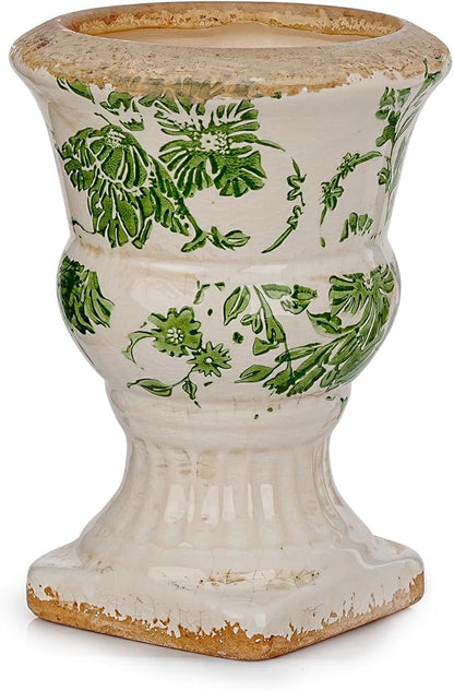 Sungmor Small Ceramic Urn Planter - Green Scroll Floral Pedestal Flower Pot, Decorative Vintage Chinoiserie Style Planters, Tuscan Accent Vase Indoor Outdoor Plant Holder with Drainage