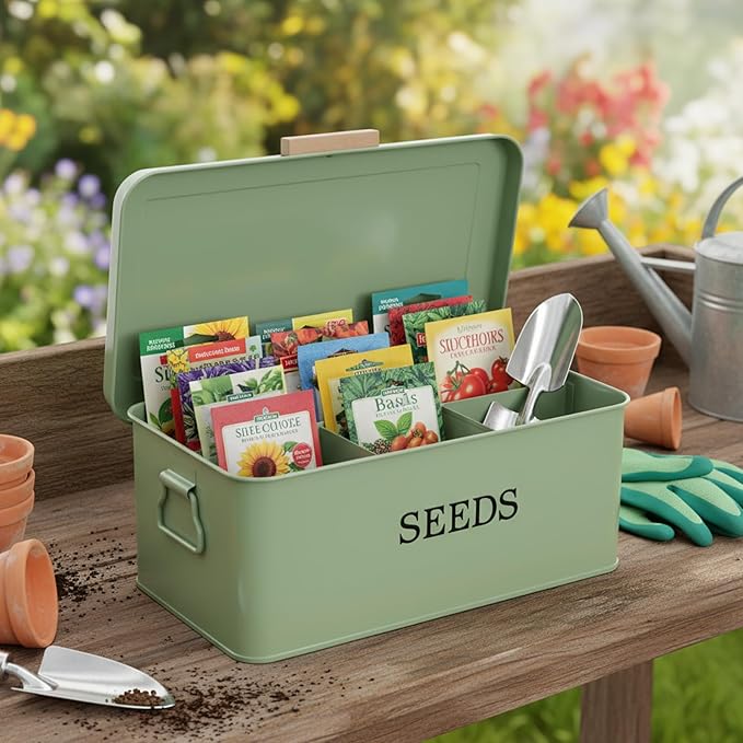 Seed Storage Organizer,Metal Seed Saving Box with Lid,4 Compartments Box with Safety Locks,Garden Supplies Container with 20 Plant Labels 50 Saving Envelopes 2 Marker Pens,Green