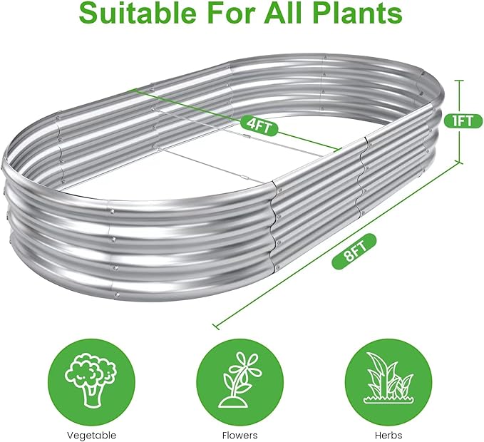 AHEONLAR 2pack 8×4×1ft Raised Garden Bed，Outdoor Galvanized Planter Boxes, Oval Large Metal Raised Garden Beds for Vegetables