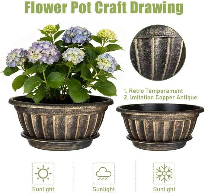 NIKONIKO 12 Inch Plant Pots, 6-Pack Plastic Wide Ribbed Planters with Drain Holes & Trays, Fluted Design Flower Pots for Indoor and Outdoor Plants