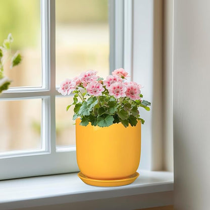Plant Pot 5 Inch - Modern Round Indoor Ceramic Planter with Drainage Hole and Tray for Succulent Cactus Herbs Plants, Home House Garden Office Decor, Yellow