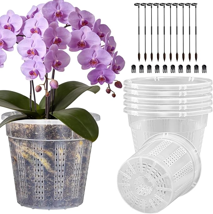 Orchid Pots, 6 Pack 6.1" Orchid Pots with Holes and 10Pcs Plant Stakes, Clear Plastic Plant Pot for Indoor Outdoor Plants(6 Pack 6.1")