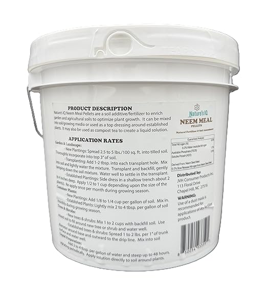 Nature's IQ NEEM Meal pellets. 7LB Bucket. Natural Fertilizer/Soil Ammendment. Improves Soil Structure & Promotes Active Root Systems. Easy to Apply pellets in resealable Bucket.