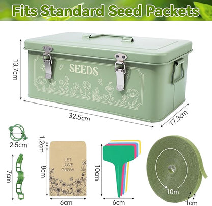 Pimoys Seed Storage Organizer, Metal Seed Saving Box with Lid, Seed Bank Container with 50 Labels 50 Envelopes 20 Plant Clips 32.8Ft Plant Tie, 4 Compartments Box Garden Seed Bin with Safety Locks