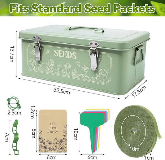 Pimoys Seed Storage Organizer, Metal Seed Saving Box with Lid, Seed Bank Container with 50 Labels 50 Envelopes 20 Plant Clips 32.8Ft Plant Tie, 4 Compartments Box Garden Seed Bin with Safety Locks