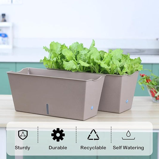 Window Box Planter 6 Pcs, 16.5 Inches Self Watering Rectangle Flower Plant Pots with Drainage Holes Trays, Vegetable Planters for Windowsill Patio Garden Balcony Porch Yard (Khaki)