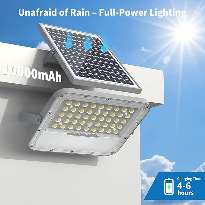 100W Solar Lights Outdoor 10000LM LED Automatic Light with 10000mAh Battery, IP65 Waterproof Outside Solar Powered Security Flood Light and 8.2ft Cable with Remote Control for Pathway, Patio & Yard