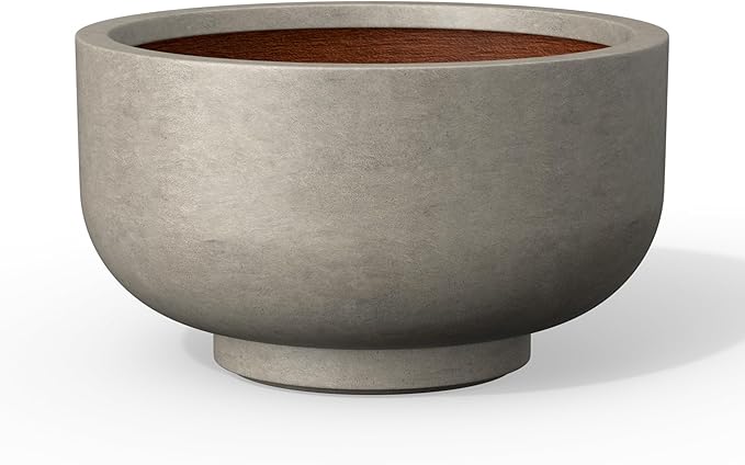 Kante 13.8 Inch Dia Concrete Bowl Planter, Large Tapered Bottom Plant Pot with Drainage, Smooth Weathered Concrete Finish with Painted Interior, Ideal for Porch, Home, Garden, Patio