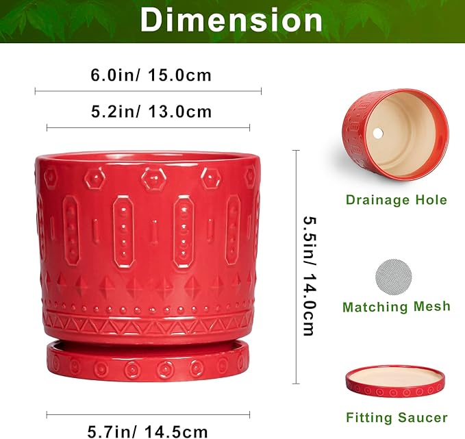 6 Inch Plant Pot, Ceramic Flower Pots for Indoor Outdoor Plants, Round Pots for Plants with Drainage Hole and Tray, Boho Decorative Planter, Kitchen Decor, Gardening Gifts for Women, Red
