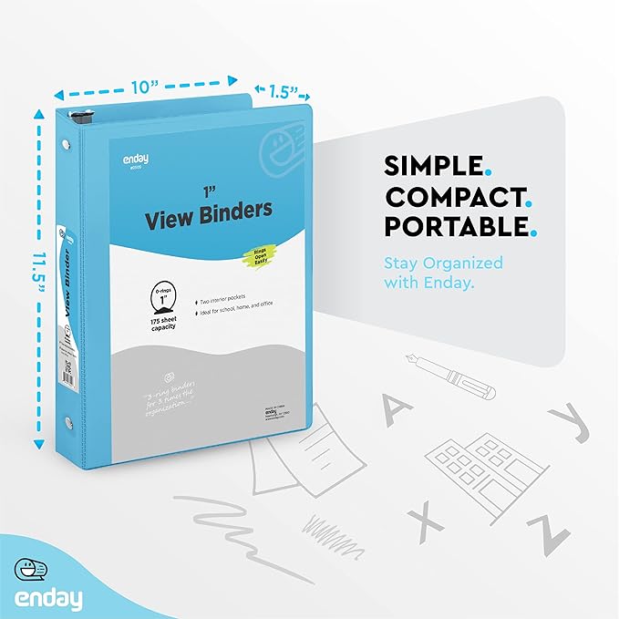 1 Inch 3 Ring Binder 1” Binder Blue Clear View Cover with 2 Inside Pockets, Colored School Supplies Office and Home Binders – by Enday