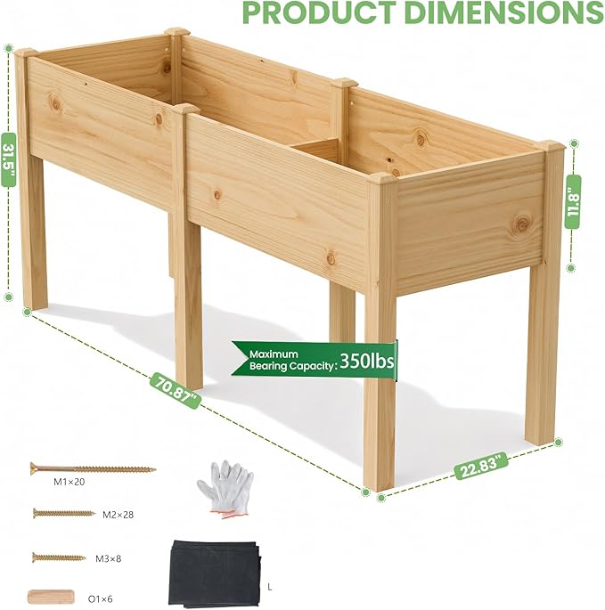 DoCred Raised Garden Bed, 70.9" x 22.8" x 31.5" Large Elevated Wooden Horticulture Planter Box with Wood Legs Standing Growing Bed Planter for Gardening, Balcony, Backyard, Patio