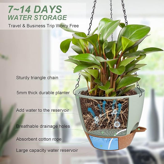 Hanging Planters for Indoor Outdoor Plants, 2 Pack Self Watering Hanging Pot with Drainage Holes & Removable Tray (Green, 6'')