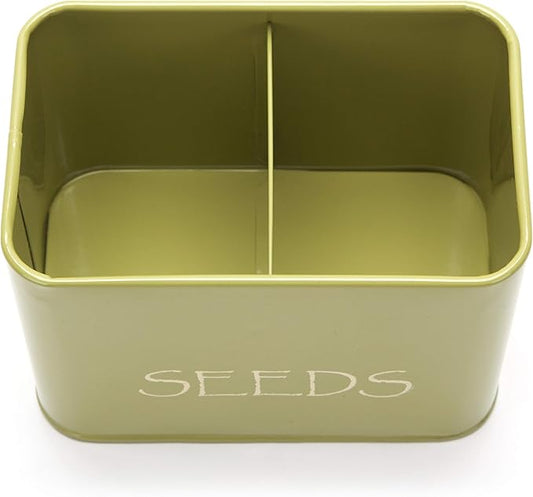 Katai Steel Seed Storage Box Organiser in Green. Compact Seed Packet Container with Lid Complete with Monthly Dividers, 20 Envelopes and Pencil