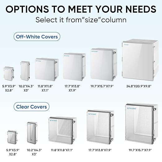 TICONN Outdoor Electrical Box Waterproof, Junction Box IP67 ABS Plastic Enclosure with Hinged Cover with Mounting Plate, Wall Brackets, Cable Glands (Off-White, 5.9"x3.9"x2.8")