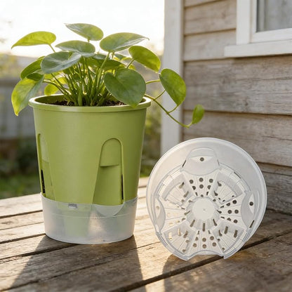 Plant Pots 6 inch Set of 5, Self Watering Pots for Indoor Outdoor, Upgraded Water Inlet Self Watering Planters Flower Pots with Drainage Hole and Clear Saucer Reservoir (Green)