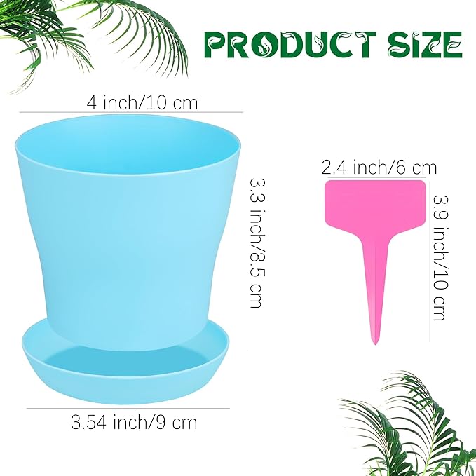 Aodaer 24 Pack 4 Inch Plastic Planters with Multiple Drainage Holes and Tray Indoor Outdoor Flower Plant Nursery Pots with Labels Flower Seedling Pots for Herb Garden Home Succulents, Assorted Colors
