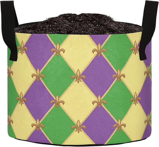 10 Gallon Mardi Gras Fleur De Lis Plaid Pattern Breathable Grow Bag Thickened Plant Pot Containers Bag with Handles for Garden Potato Tomato Flowers Fruits Vegetables