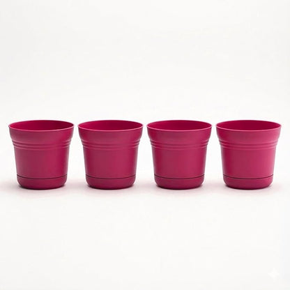 Bloem Saturn 7" Fuchsia Round Resin Planter Pot with Snap-in Saucer for Indoor and Outdoor Gardening, 4-Pack