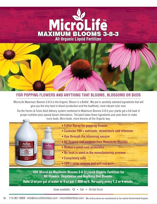 MicroLife Maximum Blooms (3-8-3) Professional Grade Organic Liquid Fertilizer Concentrate for All Flowers and Anything That Blooms, 1 Quart
