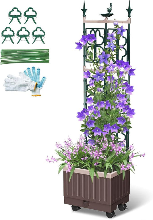 Raised Garden Bed Planter Boxes with Trellis,61.4" Self-Watering Trellis with Planter Box for Climbing Plants Flowers Vegetables with Wheels,Use for Indoor Outdoor