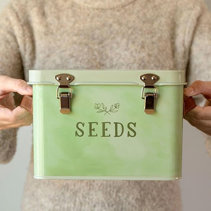 1Canoe2 Tin Seed Organizer Storage Box, Garden Seed Packet Vault Container, Gardening Supplies, Greenhouse Accessories, Gardening Gifts for Women (Green)