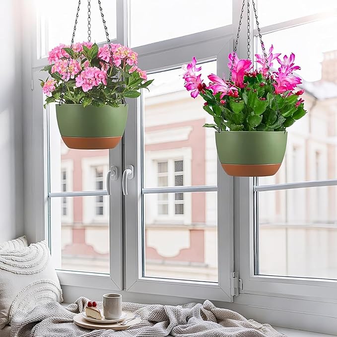Hanging Planters for Indoor Plants, Set of 2 8/10 Inch Self-Watering Hanging Pots with Drainage Hole & Removable Water-Storage Tray II Screw-in Hooks II