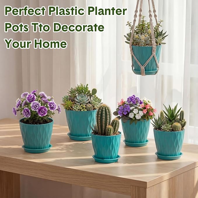 24 Pack 4 Inch Plant Pots Bulk Small Pots for Succulents Waffle Texture Plastic Planter with Drainage Holes and Saucers for Indoor Outdoor Plants Flowers, Seedlings (Lake Green)