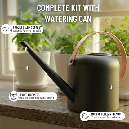 Indoor Garden Kit - Plant Pots with Drainage, Watering Can & Tools - Ideal Windowsill Planter Set - Modern Home & Kitchen Decor Gift - White
