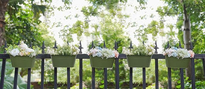 Dahey 10.5 Inch Metal Iron Hanging Flower Pots for Railing Fence Hanging Bucket Pots Countryside Style Outdoor Planter Window Flower Plant Holder with Detachable Hooks Home Decor,Green,5 Pcs