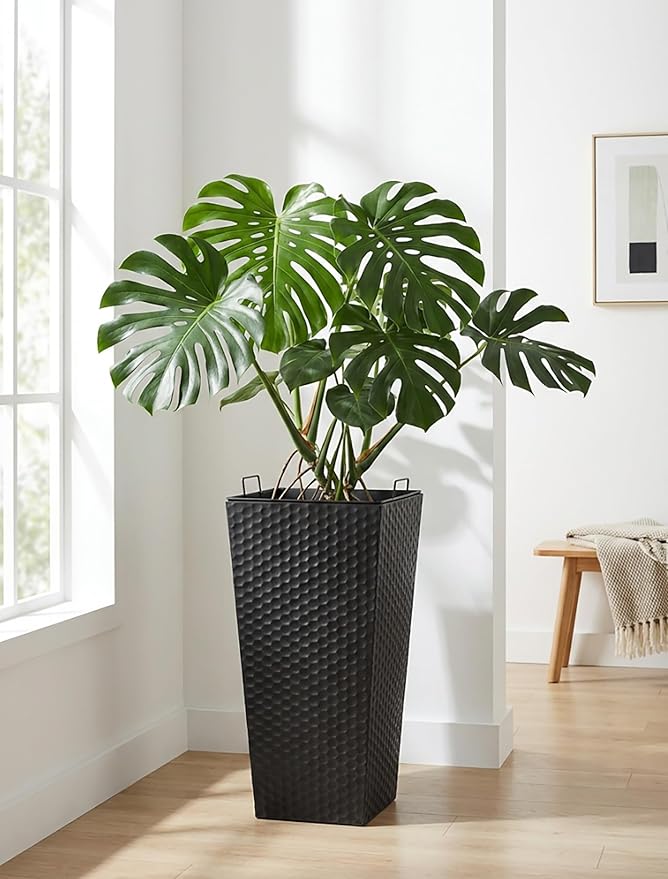 Sziqiqi Tall Planter for Indoor Outdoor: Set of 2 Large 21.6in Metal Taper Plant Pots with Inner Pots - Square Black Flower Pot with Drainage Holes for Outside Front Door Patio Garden Floor