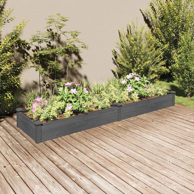 vidaXL Raised Garden Bed - Outdoor Wooden Planter Pot with Protective Liner, Solid Fir Wood Construction, Spacious for Vegetables/Herbs/Flowers, Gray, 94.5"x23.6"x9.8"