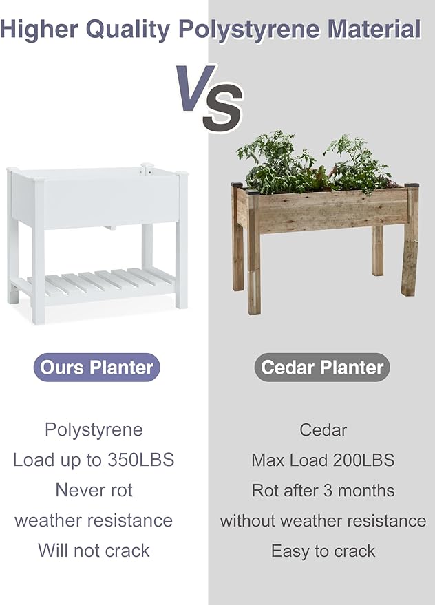 Psilvam Raised Garden Bed (4'x2') - 34 Inch Tall Poly Lumber Planter Box with Storage Shelf & Waterproof Tarp, No Assembly Required, Rot Resistant & Zero Maintenance for Vegetables, Flowers