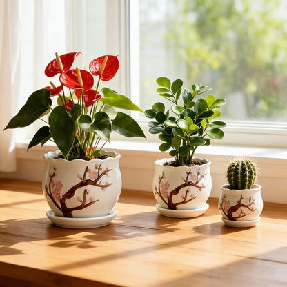 Vintage Flower Pots for Indoor Plant, Round Ceramic Plant Pots with Drainage Holes and Saucers, 6.7/5.2/3.9 Inches Retro Flower Planters Set of 3 (Cherry Blossom)