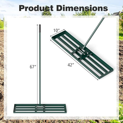 42" x 10" Lawn Leveling Rake, Heavy Duty Landscape Rake with 67" Handle, Non-Slip Grip & Flat Head, Space-Saving Lawn Level Tool for Garden, Backyard, Golf Course & Sports Field(Green)