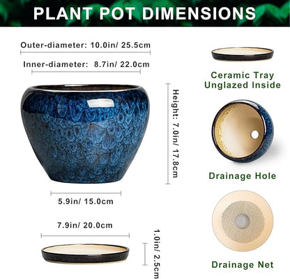10 Inch Plant Pot - Ceramic Planter with Drainage Hole and Plant Saucer, Round Planter Indoor Outdoor, Modern Planters, Large Flower Pot, Home Room Office Decor, Housewarming Gifts, Blue