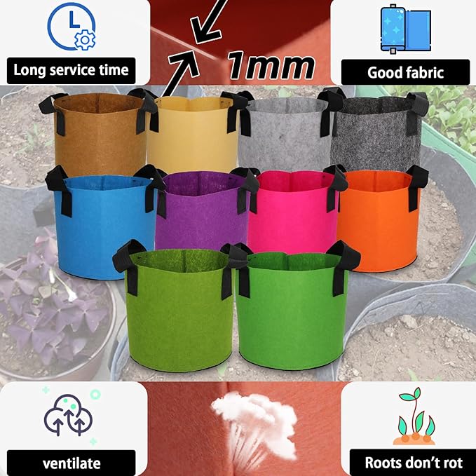 Grow Bags,Growing Pot Bags Garden Grow Bag Indoor Outdoor Fabric Aeration Plant Pot Container Flower Vegetable Pouch (Mixed 10colors,17Gallon)