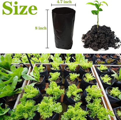 DredQcco 100PACK Plant Grow Bags,Thicken PE Seedling Bag Fruit Tree Seedling Cup Bonsai Planting Bag with Breathable Holes for Garden Black Planting Bags Nursery Bags (4.7'' Dia x 8'' H)