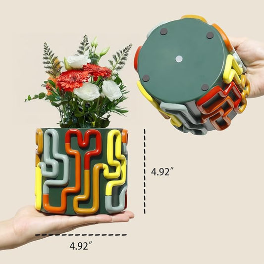 GUGUGO Colorful Squiggle Lines Planters Cute Unique Rainbow Planter with Drainage, Vintage Retro Flower Plant pots for Indoor Plants, Eclectic Succulent Gardening Pot for Boho Modern Décor, Green