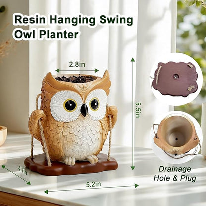 QCQHDU Swing Owl Hanging Pots with Drainage Hole, Small Resin Succulent Plant Planters, Cute Indoor/Outdoor Decor for Balcony Garden Patio, Women Gift Idea, Khaki