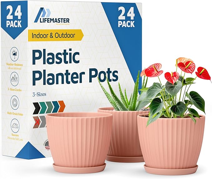 Pink 6-Inch Plant Pots with Drainage & Saucers 24 Pack, Indoor & Outdoor Planters for Houseplants, Herbs, and Flowers, Durable & Weatherproof Material, Stackable, Lightweight, Minimalist Design